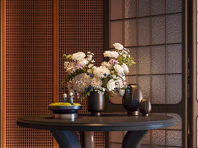 Elegant Vase With White And Purple Flowers On Black Round Table With Wooden Lattice Wall 3d model