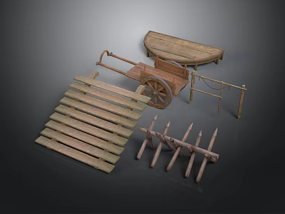 Traditional Wooden Garden Living Supplies With Handcart Plank And Rake Tools 3d model