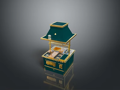 Green And Gold Mini Kitchen Equipment With Hood Countertop And Cabinets 3d model