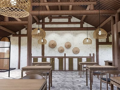 Rustic Restaurant Interior With Wooden Tables Woven Lamps And Straw Decor 3d model