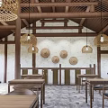 Rustic Restaurant Interior With Wooden Tables Woven Lamps And Straw Decor