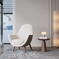 Modern Beige Upholstered Accent Chair With Wooden Legs Side Table Floor Lamp And Lake View