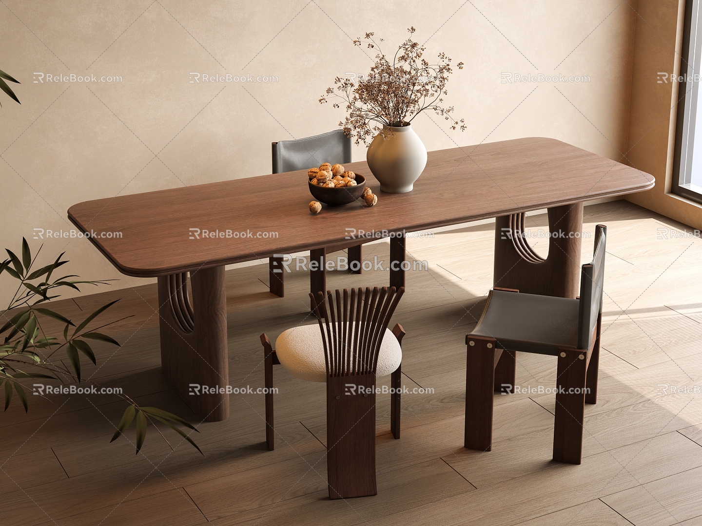 Ancient Style Dining Table and Chair Combination Solid Wood Dining Table and Chair Combination Single Chair Dining Chair Long Dining Table Vase Floral Art model