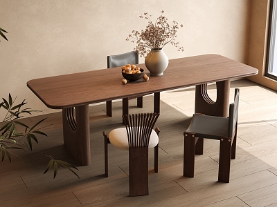 Ancient Style Dining Table and Chair Combination Solid Wood Dining Table and Chair Combination Single Chair Dining Chair Long Dining Table Vase Floral Art model