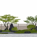 Serene Courtyard Garden With Wooden Lattice Fence Green Trees Lush Grass And Decorative Rocks