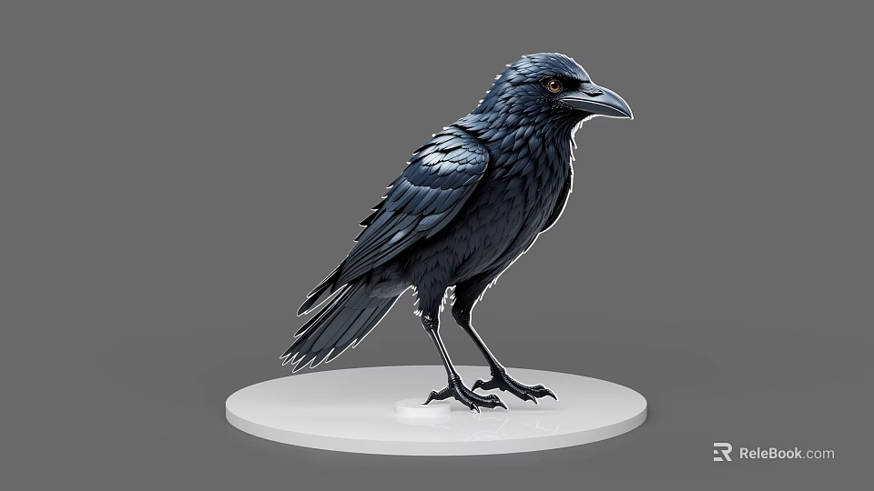 Realistic Black Crow With Detailed Feathers Standing On White Circular Base 3d model 