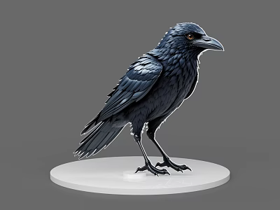 Realistic Black Crow With Detailed Feathers Standing On White Circular Base 3d model
