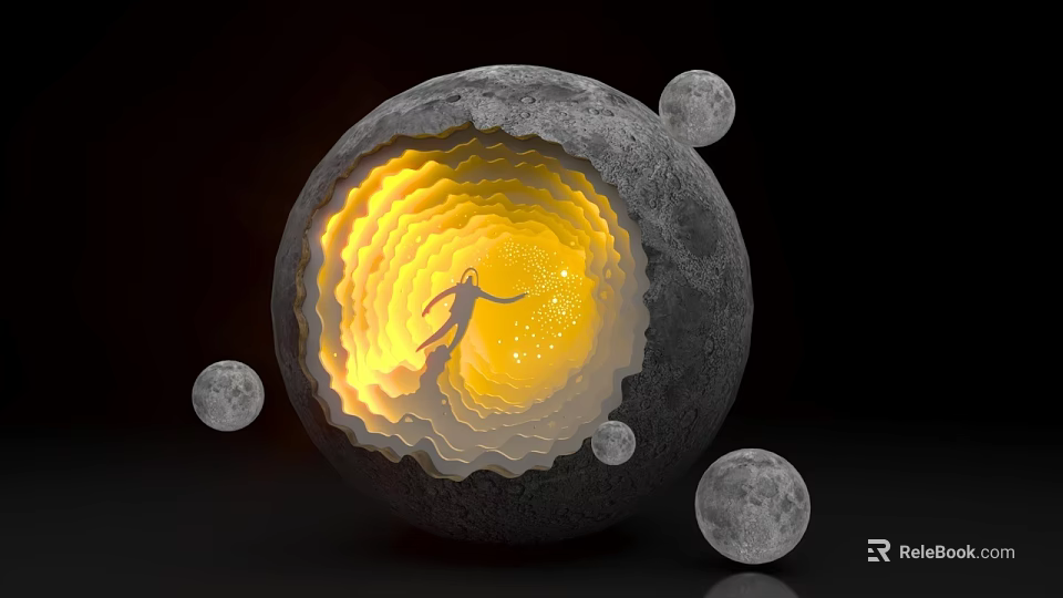 Glowing Moon Interior With Human Figure Surrounded By Small Moons And Illuminated Layers 3d model 