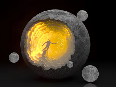 Glowing Moon Interior With Human Figure Surrounded By Small Moons And Illuminated Layers 3d model