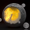 Glowing Moon Interior With Human Figure Surrounded By Small Moons And Illuminated Layers