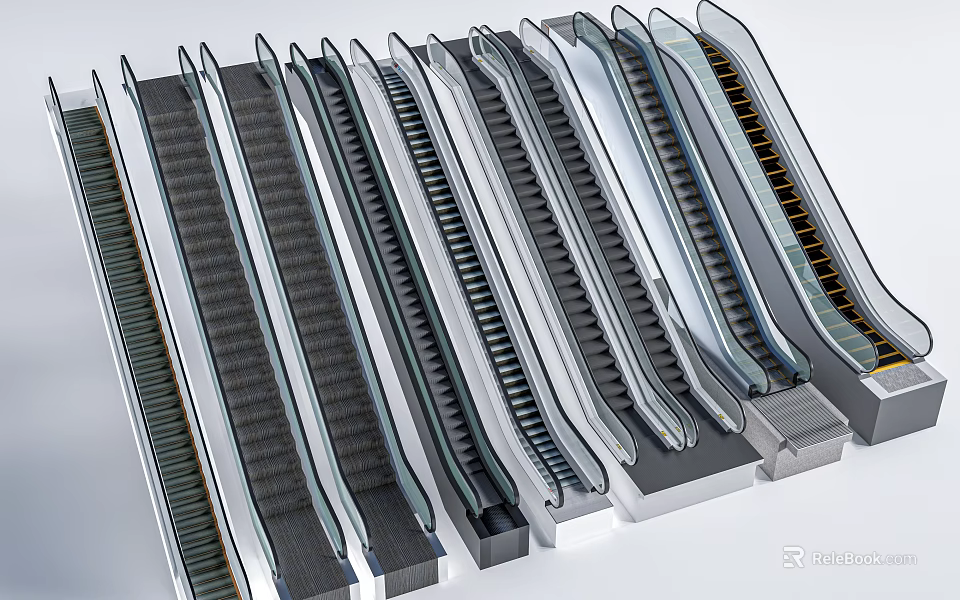 Various Modern Escalators With Different Designs And Metallic Finishes For Commercial Use 3d model 