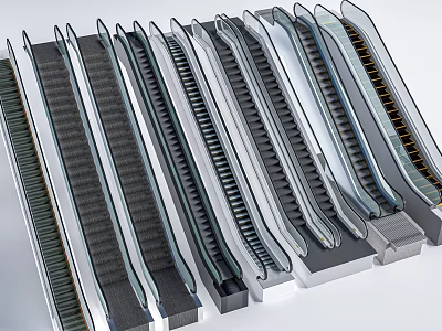 Various Modern Escalators With Different Designs And Metallic Finishes For Commercial Use 3d model