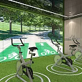 Indoor Stationary Bikes in Green Turf Room With Park View Scenery 3d model