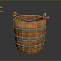 Vintage Wooden Bucket With Metal Hoops And Curved Handle Design