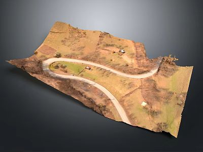 3D Rural Terrain Model With Winding Road Fields And Small Structures 3d model