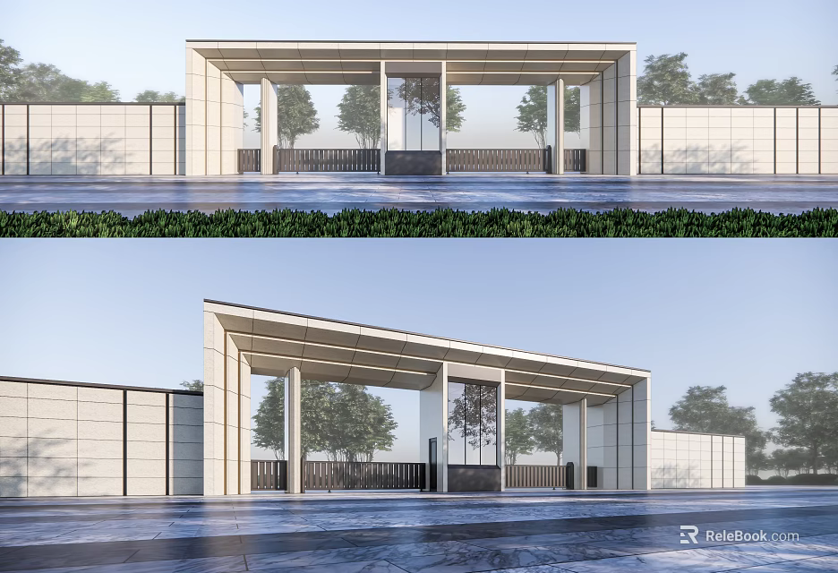 Modern Entrance Gate With Sloped Roof Glass Doors White Walls And Stone Pavement 3d model 