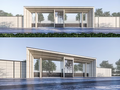 Modern Entrance Gate With Sloped Roof Glass Doors White Walls And Stone Pavement 3d model