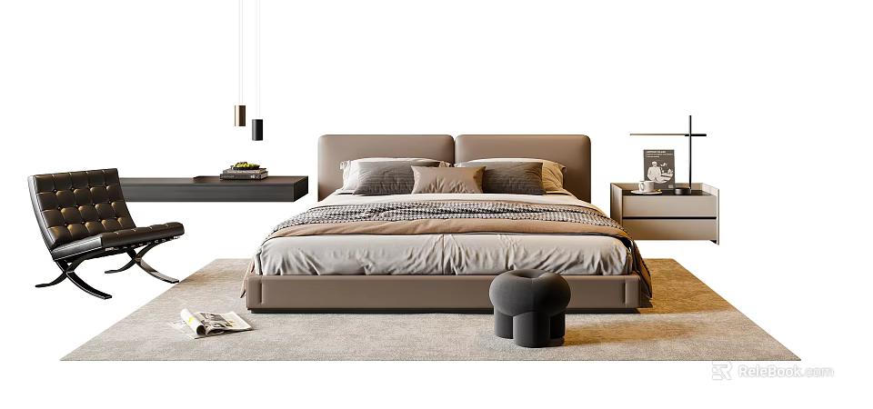 Modern Double Bed with Brown Headboard Soft Bedding Nightstand Lamp Small Stool and Rug 3d model 