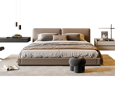 Modern Double Bed with Brown Headboard Soft Bedding Nightstand Lamp Small Stool and Rug 3d model