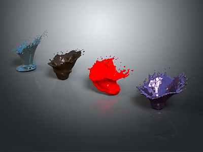 Colorful Liquid Splash Artistic Sculptures in Blue Brown Red Purple on Gray Background 3d model