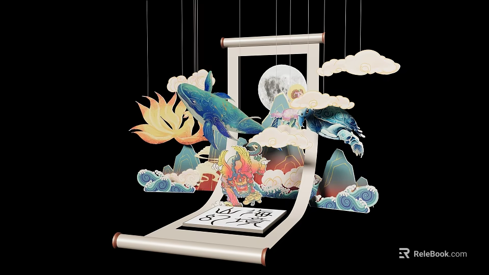 Traditional Chinese Scroll Art with Moon Whale Lotus Turtle Clouds Mountains and Waves 3d model 