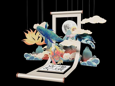 Traditional Chinese Scroll Art with Moon Whale Lotus Turtle Clouds Mountains and Waves 3d model