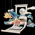 Traditional Chinese Scroll Art with Moon Whale Lotus Turtle Clouds Mountains and Waves