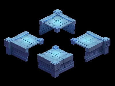 Four Blue Square Block Structures With Brick Texture And Illuminated Details 3d model