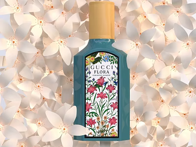 Gucci Eau de Parfum Blue Bottle With Floral Label And White Flowers 3d model