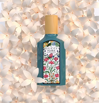 Gucci Eau de Parfum Blue Bottle With Floral Label And White Flowers 3d model