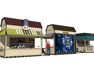 Outdoor Retail Stalls With Striped Awnings Product Displays And Watch Screen 3d model