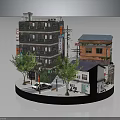 Traditional Japanese Architecture Street Scene With Multi Story Building Small Houses Trees And Vintage Car