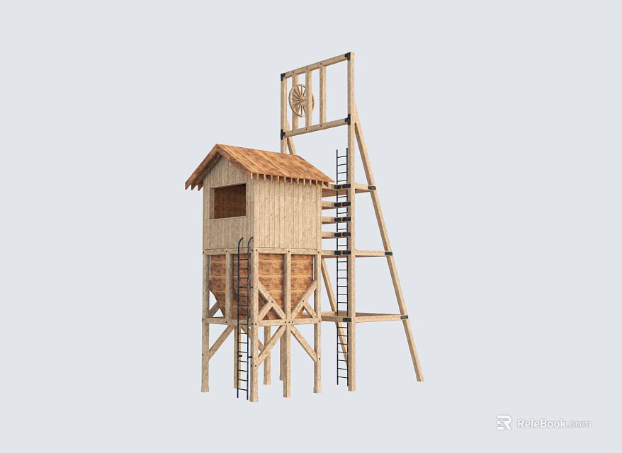 Wooden Cabin Structure With Brown Roof Supporting Frames And Ladders Design 3d model