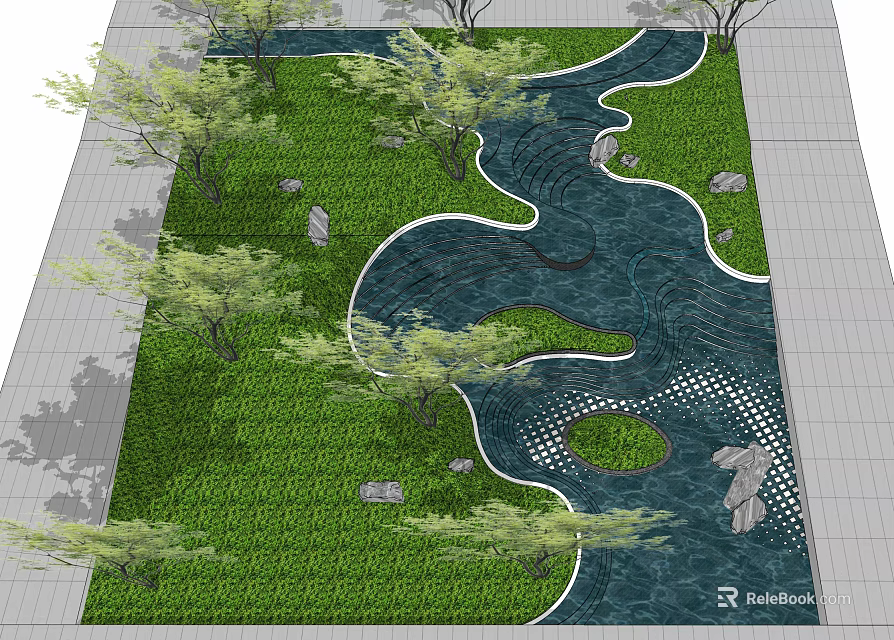 Garden Ornament Design With Winding Water Feature Green Lawn Trees And Stones 3d model 