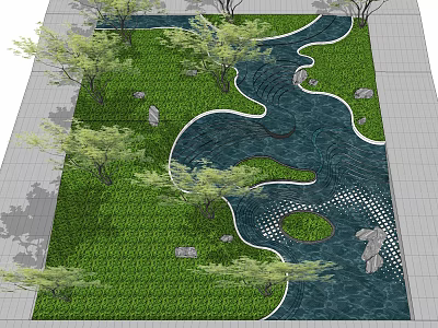 Garden Ornament Design With Winding Water Feature Green Lawn Trees And Stones 3d model