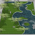 Garden Ornament Design With Winding Water Feature Green Lawn Trees And Stones