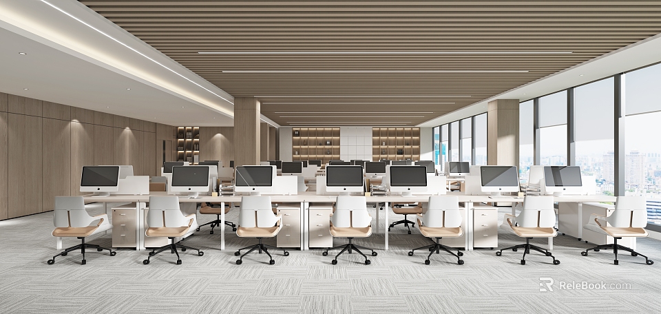 Modern Public Office Space With Desks Computers Office Chairs Bookshelves And Windows 3d model 