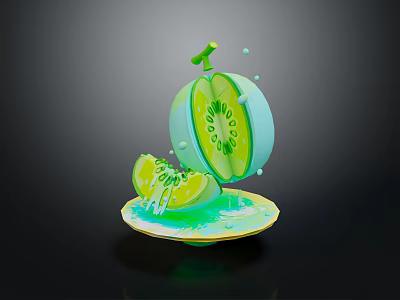 Fresh Sliced Green Kiwi on Plate with Juice Splatter and Droplets 3d model