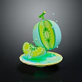 Fresh Sliced Green Kiwi on Plate with Juice Splatter and Droplets