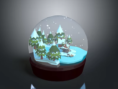Decorative Snow Globe with Green Pine Trees Small House Snowy Ground and Falling Snowflakes 3d model