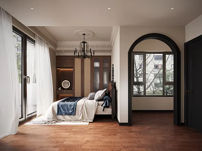 Elegant Bedroom Interior Design With Chandelier Blue White Bedding Wooden Floor And Arched Doorway 3d model