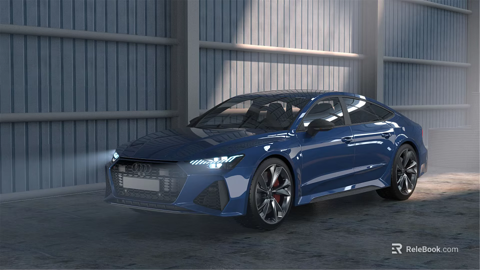 Blue Audi Sedan With Sleek Body Lines Headlights On In Industrial Garage Black Wheels Red Accents 3d model 