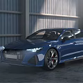 Blue Audi Sedan With Sleek Body Lines Headlights On In Industrial Garage Black Wheels Red Accents
