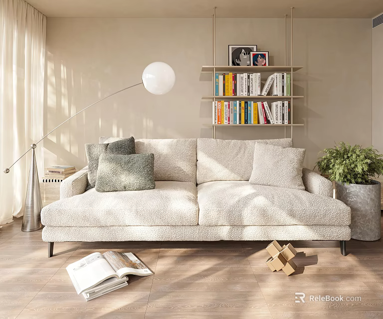 Cozy Living Room With Light Colored Two Seater Sofa Throw Pillows Floor Lamp And Bookshelf 3d model 