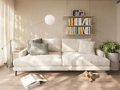 Cozy Living Room With Light Colored Two Seater Sofa Throw Pillows Floor Lamp And Bookshelf 3d model
