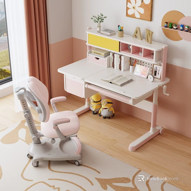 Kids Study Desk with Bookshelf Storage Pink Chair and Minion Dolls 3d model 