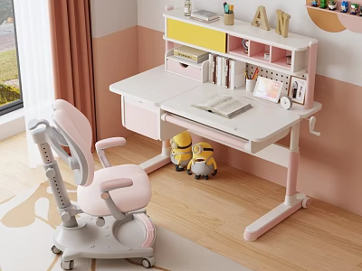 Kids Study Desk with Bookshelf Storage Pink Chair and Minion Dolls 3d model