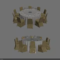 Luxurious Round Dining Table Combination With Golden Chair Covers And Tableware 3d model