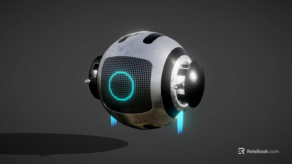 Innovative Spherical Play Equipment With Silver Black Design And Blue Glowing Floating Elements 3d model 