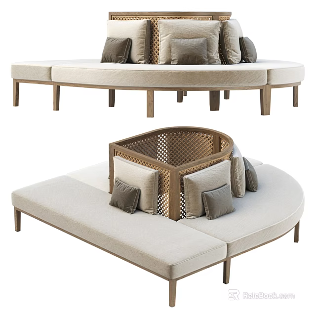 Modern Two Seater Sofa With Woven Backrest Curved Design Beige Cushions Wooden Legs Gray Pillows 3d model 